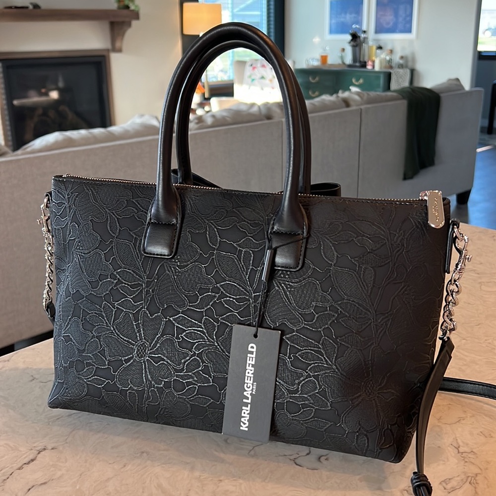 Karl Lagerfeld Paris Kris Satchel - Iconic Big Bow and Floral Charm - Chic Black - Picture 5 of 8